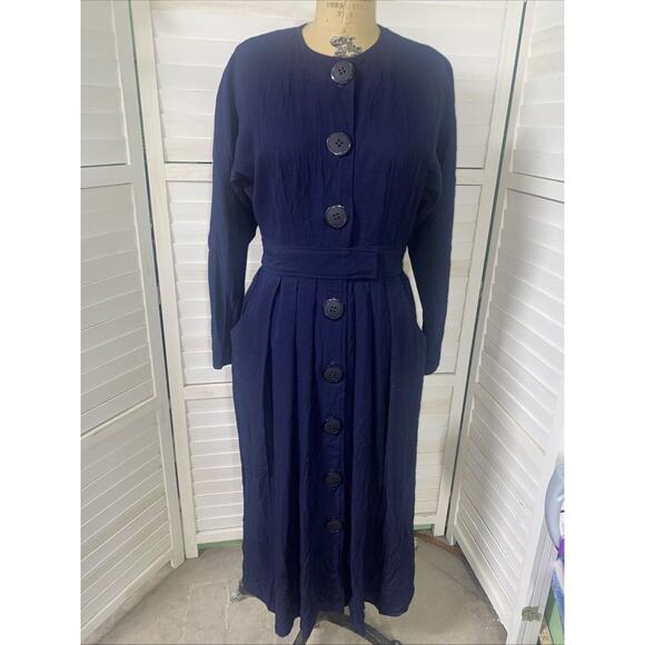 Chetta B 90s Does 50s A Line Dress Sz 8 Navy Blue Blue Pleated Skirt USA Made - Picture 1 of 14